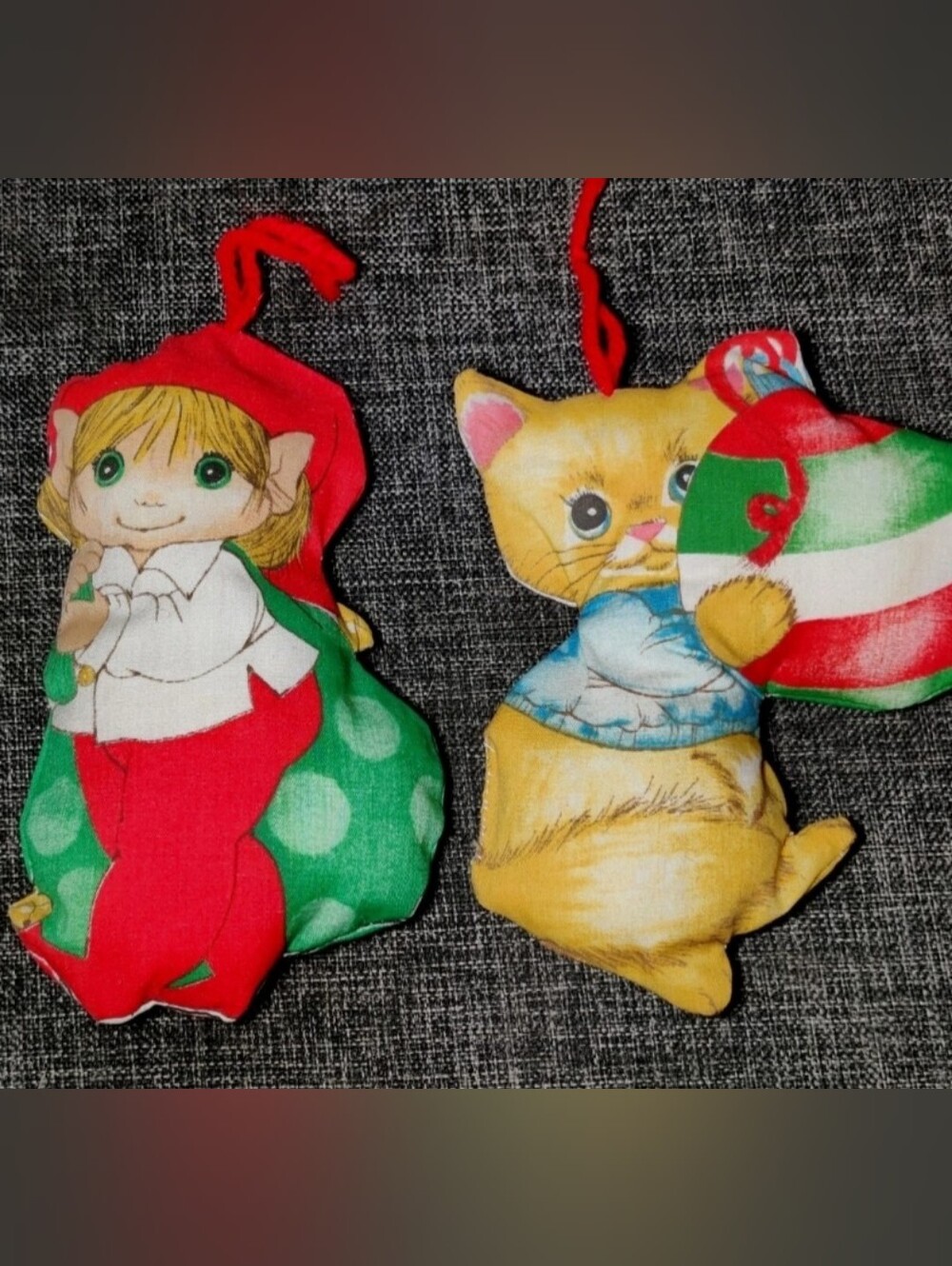 Vtg Christmas Stuffed Fabric Ornaments Elf Kitten Handmade Cut & Sew Plush 5.5"